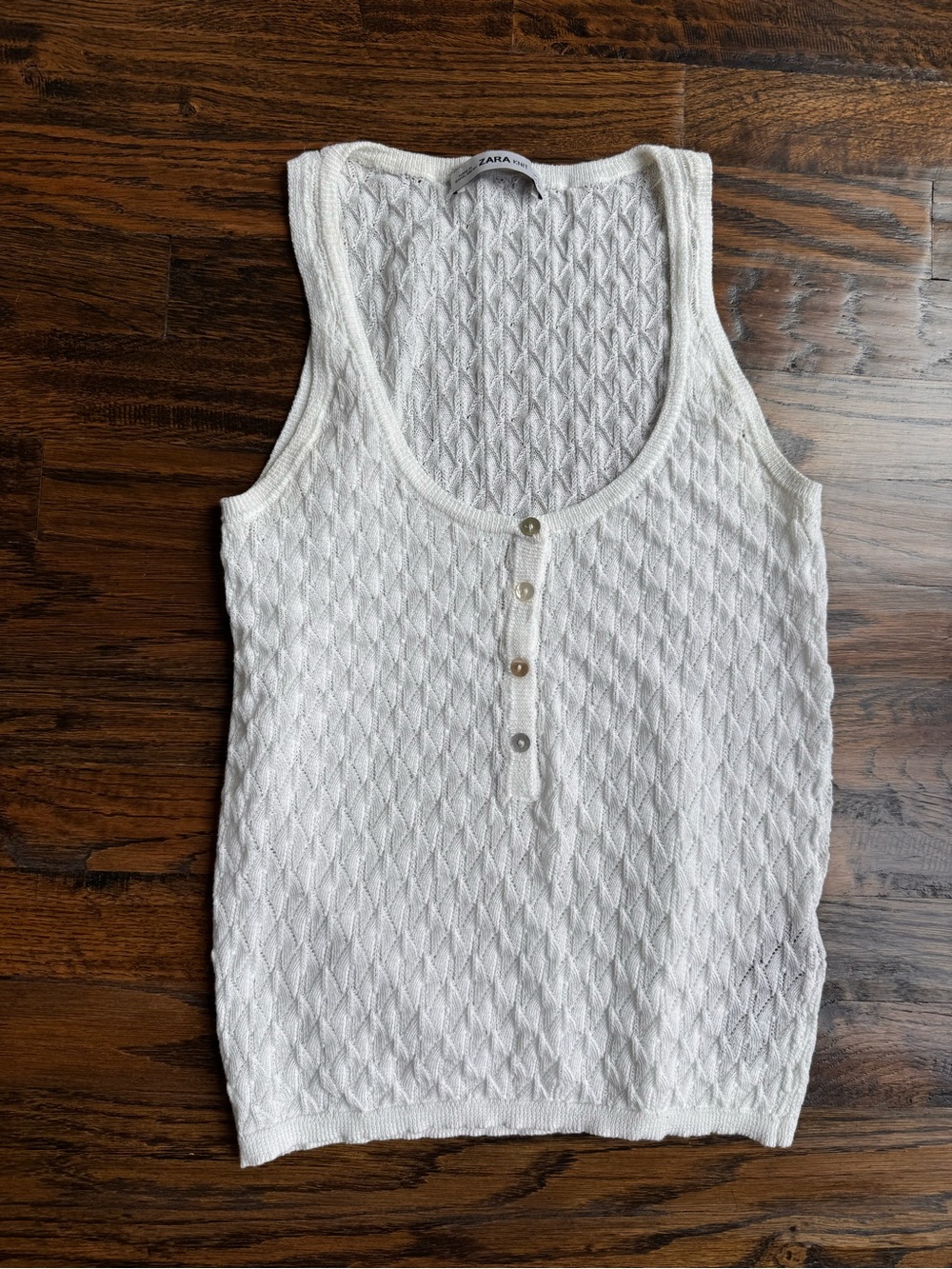 Zara White Textured Knit Tank with Button Detail